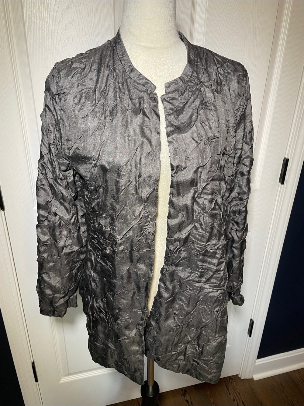 Eileen Fisher 100% Silk Crinkle Open Front Jacket Cardigan Gray Size Large